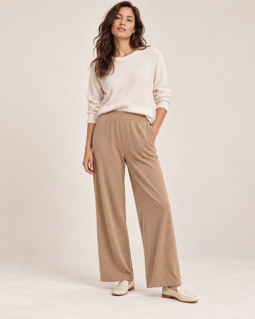 J. Jill Wearever Pants MP Medium Petite Toffee Ribbed Wide Leg Pull On NWT